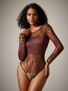 DreamPoppy Women's Sexy Lace Patchwork Long Sleeve Sheer Asymmetrical Neckline Jumpsuit - Coffee Brown - View 1