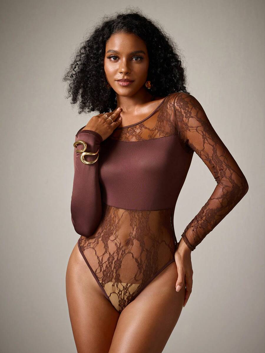 DreamPoppy Women's Sexy Lace Patchwork Long Sleeve Sheer Asymmetrical Neckline Jumpsuit - Coffee Brown - View 1
