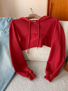 SHEIN EZwear 抽繩設計超短版女款運動衫上衣，黑白配色，秋冬紅色長袖 - 紅色 - 查看 5