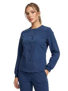 TaskEZ Deep Blue Long Sleeve Ribbed Cuff Crew Neck Multi-Pocket Convenient Comfortable Scrub Jacket - Blue - View 1