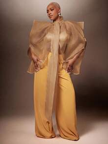 Vixey Elegant Sheer Organza Overlay Layering Neck Tie Top - Brown - View 1