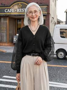 FRIFUL Cardigan Wanita Model Korea Baru untuk Awal Musim Gugur, Motif Patchwork, Bagian Bawah Berbahan Jala Transparan dengan Belahan di Bagian Depan. - Hitam - View 12