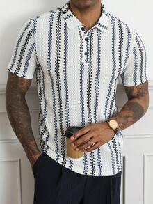 HUEFORM Men's Old Money Loose Fit Polo Shirts,Textured Fabric With Color-Block Stripes,Suitable For Everyday Outings And Lounging At Home - Multicolor - View 1