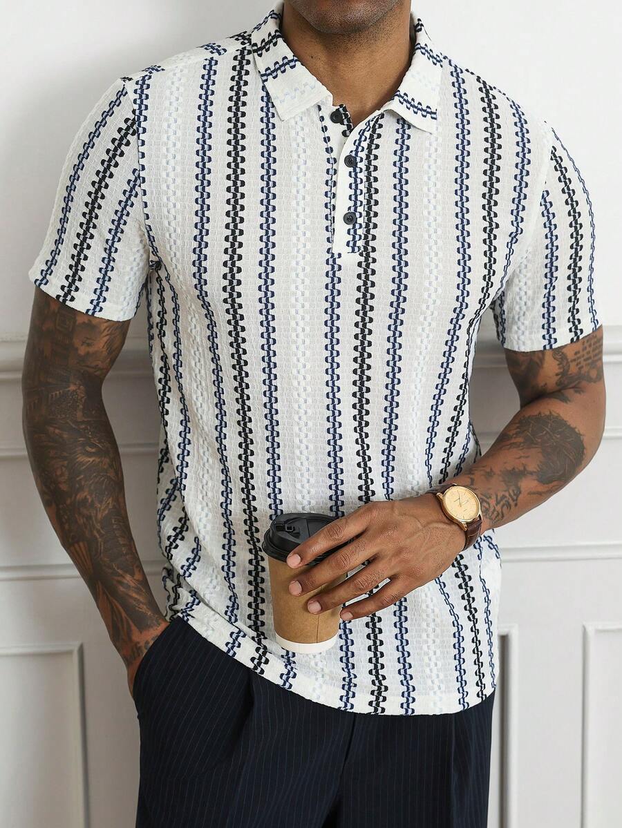 HUEFORM Men's Old Money Loose Fit Polo Shirts,Textured Fabric With Color-Block Stripes,Suitable For Everyday Outings And Lounging At Home - Multicolor - View 1