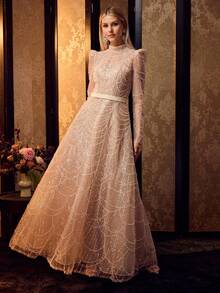 MOTF Soiréza ELEGANT WOMEN'S BEADED LONG SLEEVE MOCK NECK MAXI GOWN FOR FORMAL EVENING PARTY - Champagne - View 6