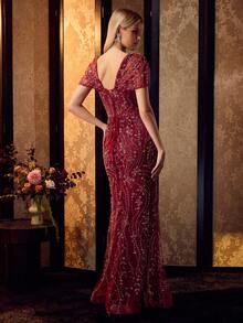 MOTF PREMIUM ELEGANT SHORT SLEEVES SQUARE NECK BEADED MERMAID GOWN WITH LACE-UP BACK DETAIL FOR FORMAL PARTY - Burgundy - View 4