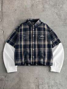 AXEPEAK Men's Plaid Patchwork 2 In 1 Shirt - Multicolor - View 7