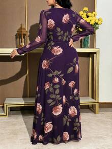 Modelyn 大尺碼花卉印花百褶 3D 花朵裝飾長袖度假洋裝 - 紫色 - 查看 2