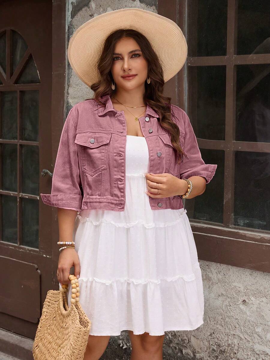 EMERY ROSE Chaqueta de Mezclilla Versátil con Bolsillos y Botones Simples para Tallas Grandes - Rojo violeta - Ver 1