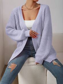 SHEIN LUNE 休閒百搭素色女款開襟羊毛衫 - 淡紫色 - 查看 6