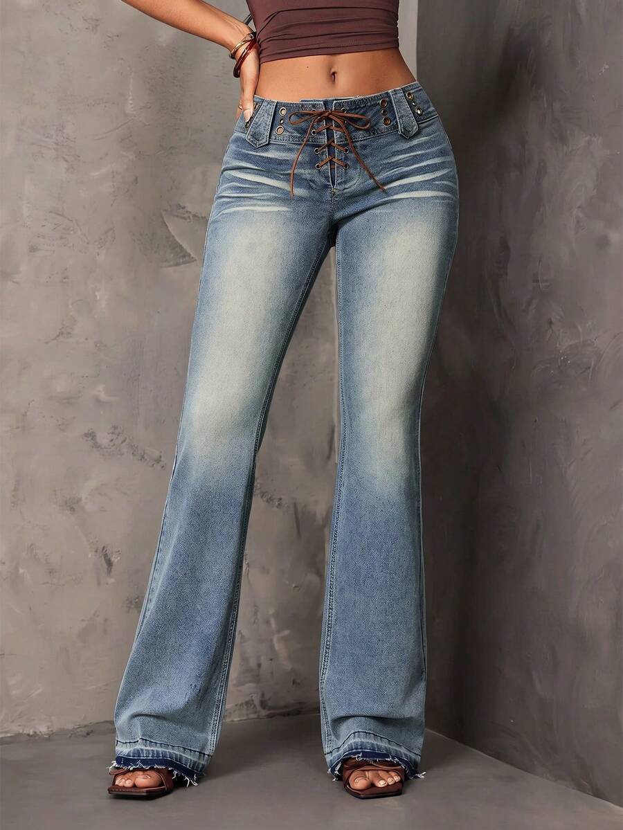 SHEIN SXY Celana Jeans Denim Flare Wanita Pinggang Sangat Rendah dengan Tali Pengikat Lubang Kancing - Biru - View 1