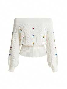 ROMWE Kawaii Autumn/Winter Christmas Off-Shoulder Embroidered Cable Knit Sweet White Women's Warm Sweater - Apricot - View 2