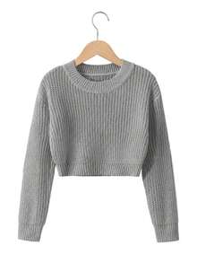 SHEIN Tween Girl Solid Color Casual Versatile Daily Long Sleeve Sweater - Grey - View 4