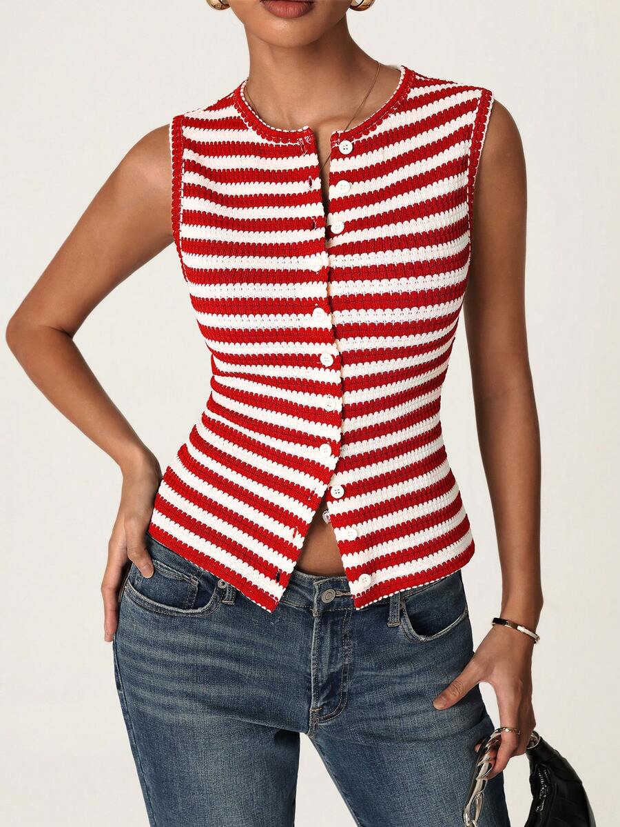 SHEIN BASICS 女款條紋圓領單排扣休閒背心 - 紅色 - 查看 1