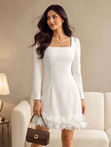 GlowEve Damenkleid mit quadratischem Ausschnitt, langen Ärmeln und Rüschensaum, elegant, romantisch, lässig, für Party, Tag, Herbst, Hochzeit, Off-White - Weiss - Übersicht 2