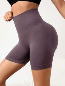 Gameset SHEIN Sport 女款緊身無縫高彈力運動短褲，適合瑜伽、健身房、跑步，秋季天鵝絨寬鬆款 - 紫羅蘭色 - 查看 4