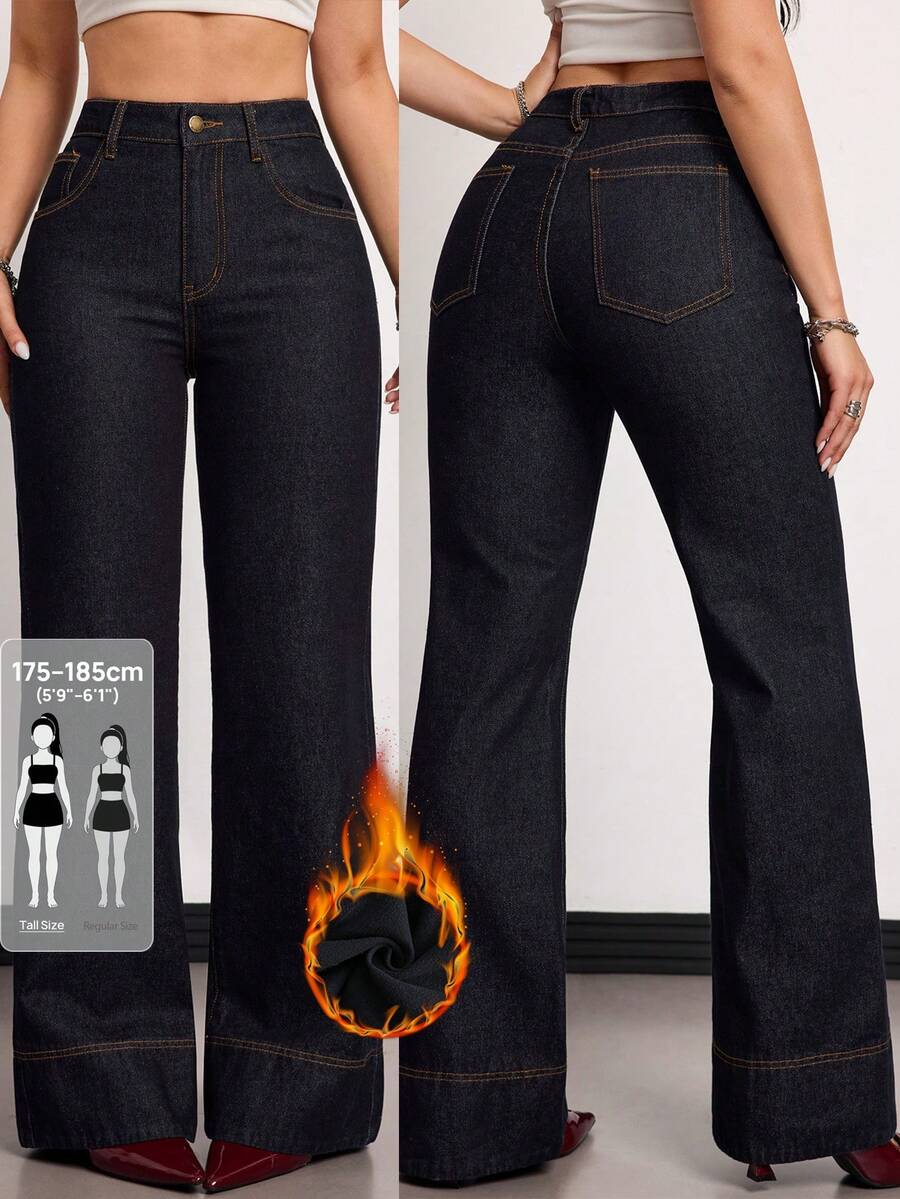 SHEIN Tall 女款時尚通勤寬腿牛仔褲 冬季節慶優雅返校休閒商務牛仔風基礎款毛絨保暖藍色高身長秋季穿搭 - 藍色 - 查看 1