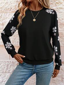 SHEIN LUNE Women's Versatile Floral Print Raglan Long Sleeve Sweatshirt - Black - View 6