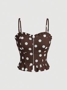 Rivivi Casual Polka Dot Denim Top For Women - Brown - View 1