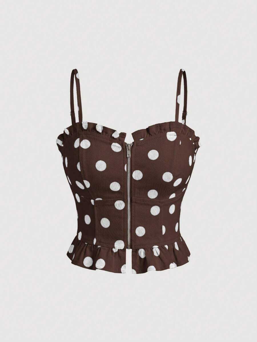 Rivivi Casual Polka Dot Denim Top For Women - Brown - View 1