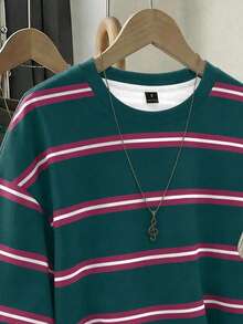 SHEIN EZwear 韓式粉色與白色條紋圖案圓領T恤，日常秋冬返校女款標準版夏季上衣，休閒街頭風 - 彩色 - 查看 5
