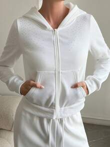 Livesso Sweatshirt Pullover Wanita Putih Berpayet, Warna Putih Polos, Potongan Longgar, Berkerudung, Tali Serut, Cocok untuk Musim Gugur, Gaya Y2K, dan Siang Hari Thanksgiving - Putih - View 5