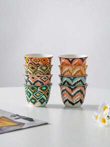 8pcs Bohemian Ikat Diamond & Zigzag Pattern Ceramic Tea Cup Set, Per Color Stackable Hand-Painted Mini Porcelain Mug, Suitable For Coffee, Kung Fu Tea, Home Gift - Multicolor - View 10