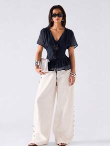 SHEIN EZwear 春夏純色領口百褶休閒浪漫優雅性感百搭日常短袖大尺碼襯衫 早午餐約會之夜 海軍藍 - 藏蓝色 - 查看 7