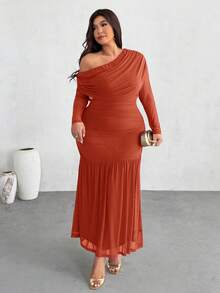 Firerie Plus Size Women Solid Color Asymmetrical Neck Ruched Fishtail Hem Elegant Dress Fall - Orange - View 4