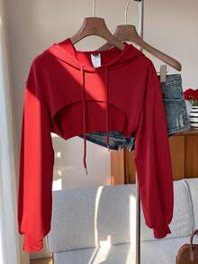 SHEIN EZwear 抽繩設計超短版女款運動衫上衣，黑白配色，秋冬紅色長袖 - 紅色 - 查看 6