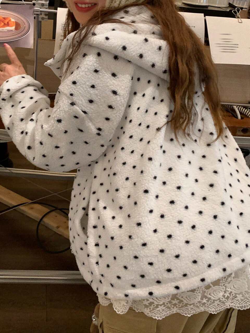 Dazy Plus Thermal Lined Thick Hooded Polka Dot Korean Style Casual Long Sleeve White Jacket Fall