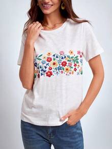 Dayvera Women's Faux Embroidery Print Casual Summer T-Shirt,Going Out Tops,White Top - White - View 4