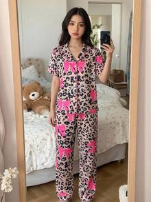 Girlism Tween女孩夏季甜美豹紋與蝴蝶印花短袖長褲睡衣套裝，休閒居家服 - 彩色 - 查看 3