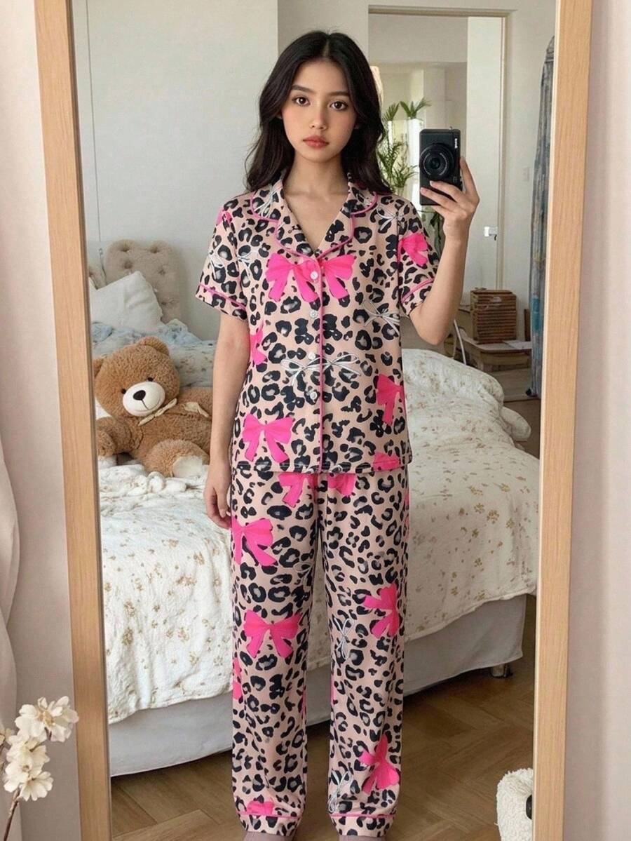 Girlism Tween Girl Tween Girls Pajamas Summer Sweet Leopard & Butterfly Print Short Sleeve Long Pajama Set, Casual Home Wear - Multicolor - View 1