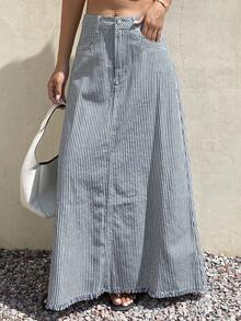 Livesso Tall Women's Striped Long Vacation Style Denim Skirt Fall - Light Wash - View 6