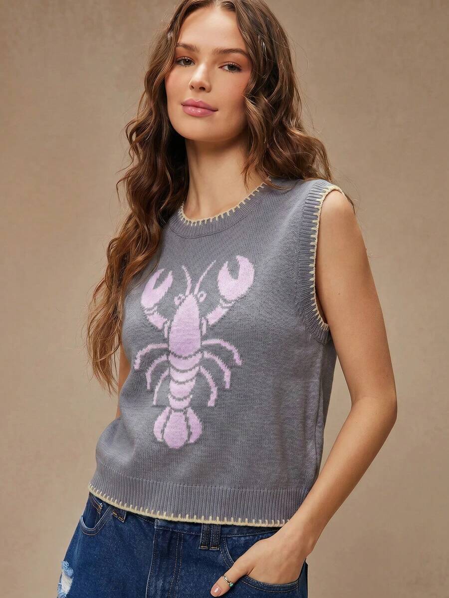 WESTFADE Round Neck Multi-Stitch Summer Lobster Intarsia Knit Vest, Spring Break Vacation Style - Dusty Purple - View 1