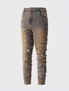 ROMWE MEN Men's Rhinestone Distressed Casual Denim Jeans - Ginger - View 1