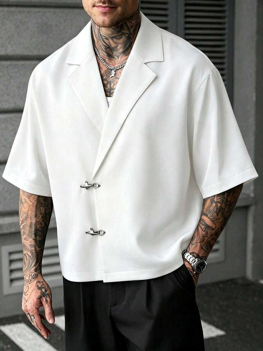 SLATEMANN 男士夏季休閒百搭純色襯衫 - 白色 - 查看 1