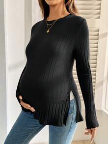 SHEIN 孕婦純色圓領長袖側開衩休閒T恤 秋季 - 黑色 - 查看 7