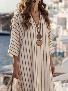 SHEIN LUNE V-Neck H-Line Striped Print Casual Elegant Vacation Dress For Women - Multicolor - View 4