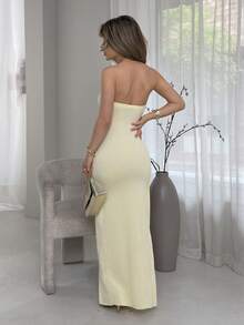 Jemour Gaun Bodycon Bandeau dengan Belahan Tinggi dan Detail Kerut, Gaun Musim Panas yang Elegan - Kuning - View 2