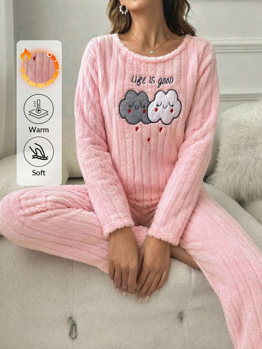 SHEIN Pink Ribbed Fuzzy Plush Cute Cartoon Cloud Embroidery Cozy Winter Homewear Pajama Set