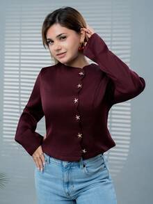 SARA VAULT Women's Fashionable Commuter Elegant Starfish Button Burgundy And Gold Shirt,Autumn, Clothes For Women Dinner - Burgundy - View 2