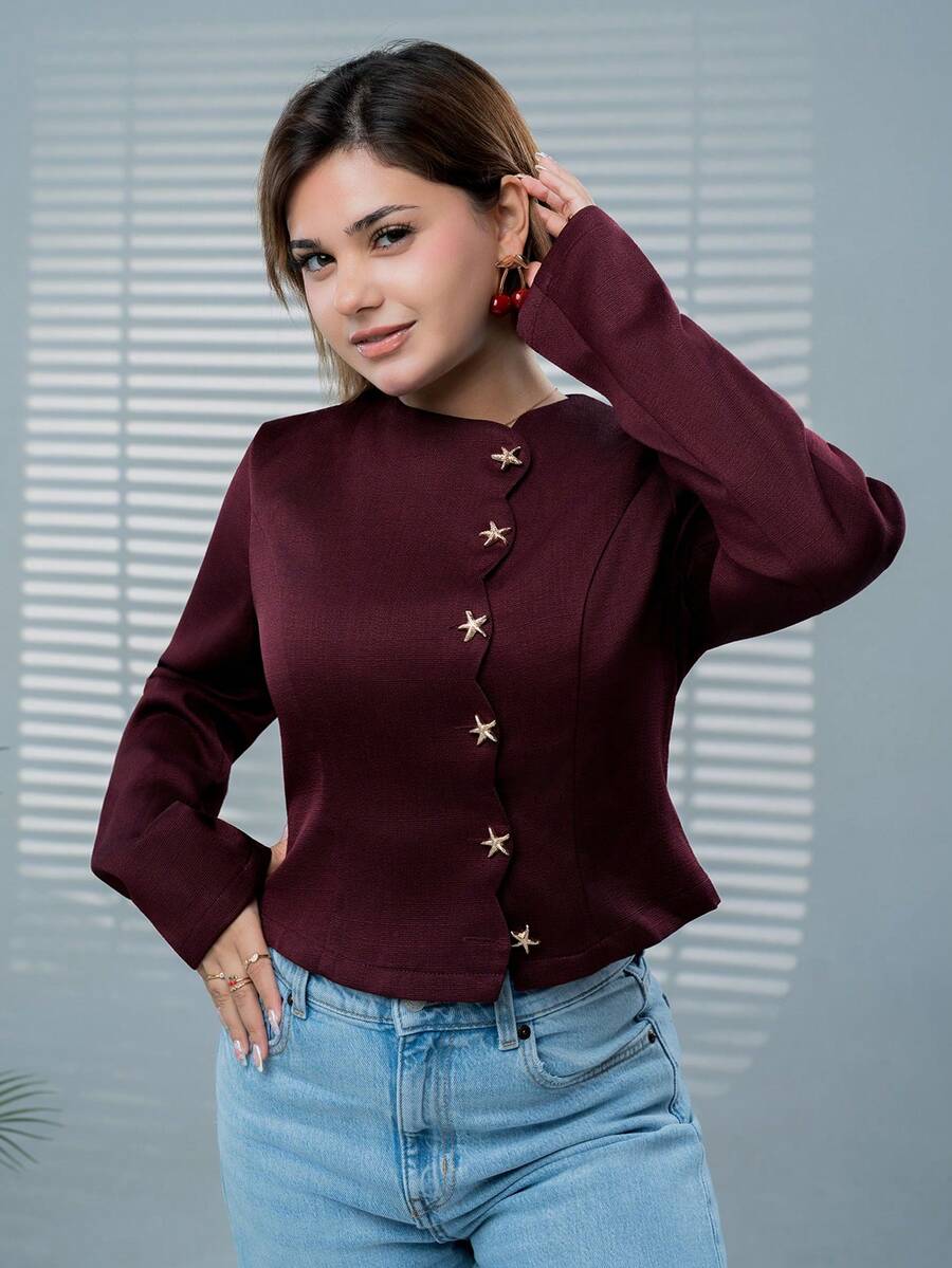 SARA VAULT Women's Fashionable Commuter Elegant Starfish Button Burgundy And Gold Shirt,Autumn, Clothes For Women Dinner