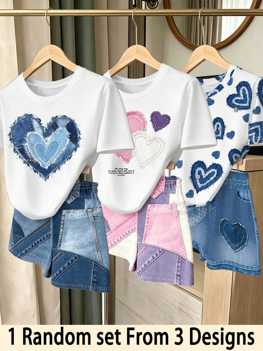 SHEIN 1套隨機驚喜盲盒 青少年女孩韓系甜酷風愛心印花圓領短袖T恤+愛心印花短褲套裝,適合日常穿著、外出、購物、上學、派對等場合,夏季休閒百搭穿搭 - 彩色 - 查看 1