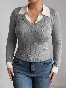Dazy Plus Sweater Pullover Kasual Seksi untuk Musim Semi dan Gugur dengan Kerah Polo Warna Kontras Motif Patchwork dan Rajutan Kabel Lengan Panjang untuk Wanita, Cocok untuk Musim Semi dan Gugur. - Grey - View 5
