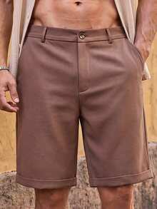 HIMLAND Men's Woven Solid Color Short Mid-Waist Slim Straight Leg Shorts, Bermuda Inseam, Suitable For Daily Wear, Spring And Summer - Brown - View 1