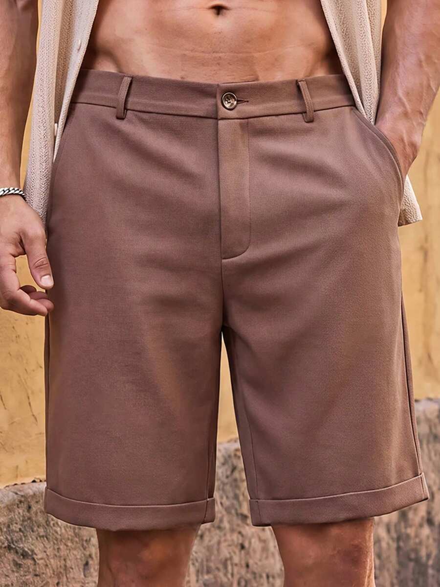 HIMLAND Men's Woven Solid Color Short Mid-Waist Slim Straight Leg Shorts, Bermuda Inseam, Suitable For Daily Wear, Spring And Summer - Brown - View 1