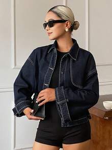 Livesso Tall Women's Loose Urban Casual Denim Jacket With Stitching Decoration Fall - Dark Wash - View 8