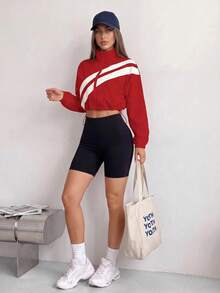 Dewbera Dewbera Jaket Resleting Penuh dengan Tali Serut di Bagian Bawah, Motif Blok Warna Musim Semi/Gugur - Merah - View 5